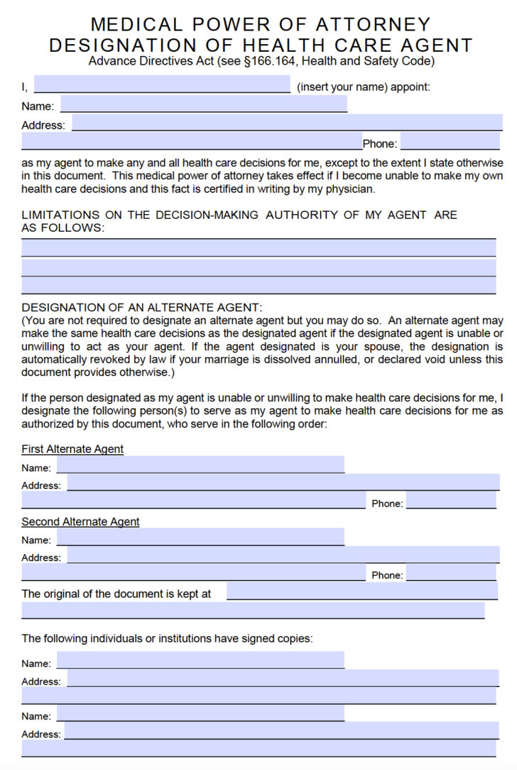 Form For Medical Power Of Attorney