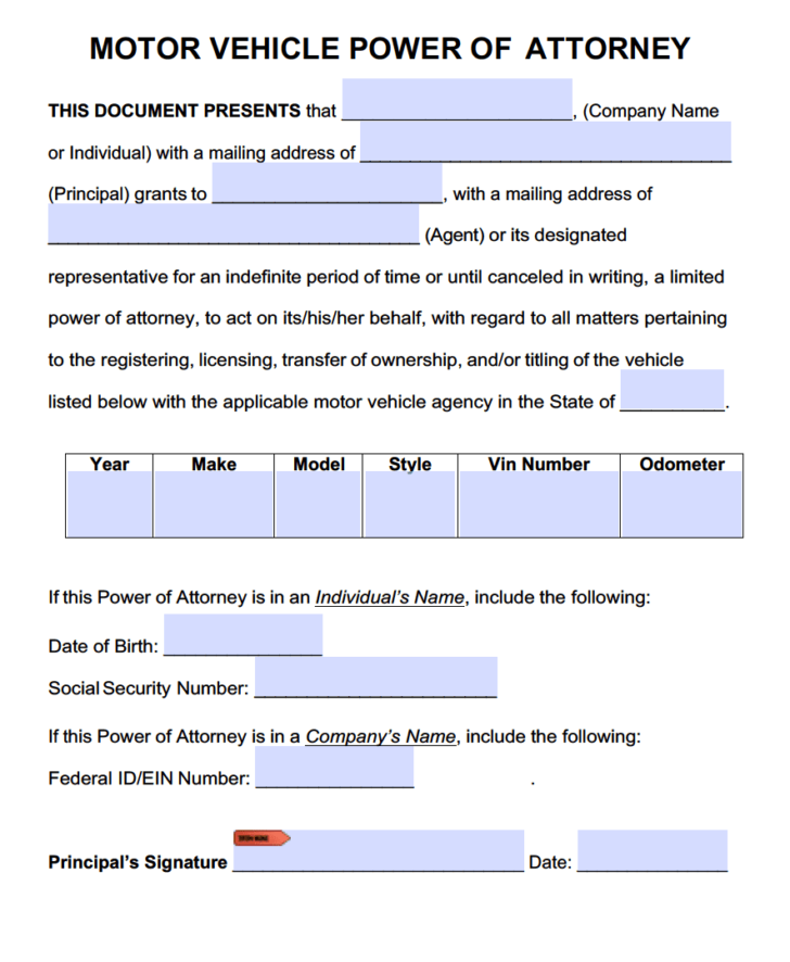 Power Of Attorney Form For Car