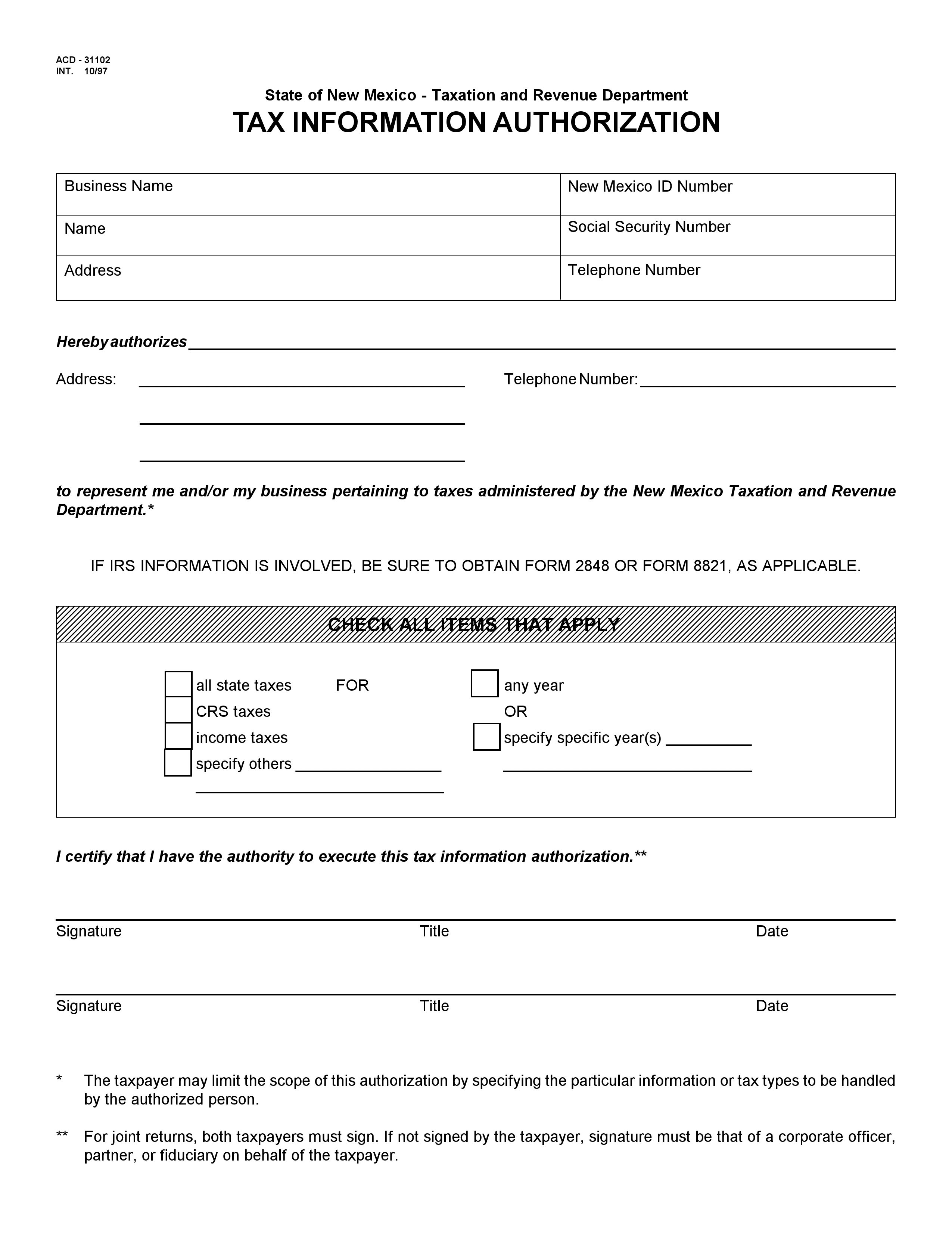 New Mexico Tax Power Of Attorney Form ACD 31102 EForms