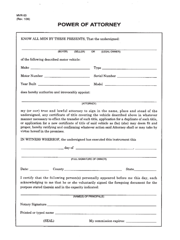 Free Power Of Attorney Form Nc