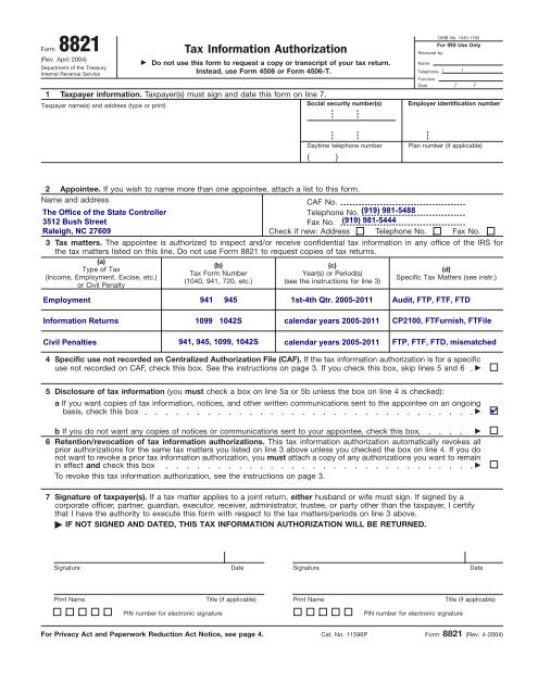 Power Of Attorney Form 8821 IRS Form 11 Tax Information 