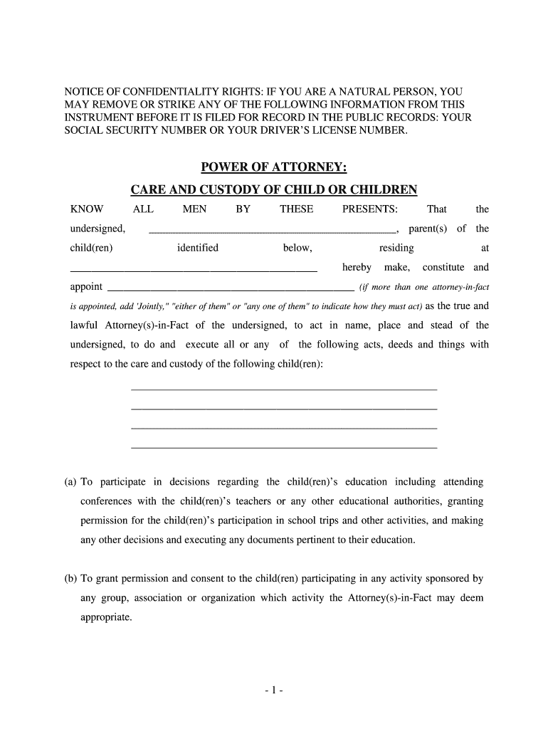 Power Of Attorney Form For Minor Child Texas Fill Out 