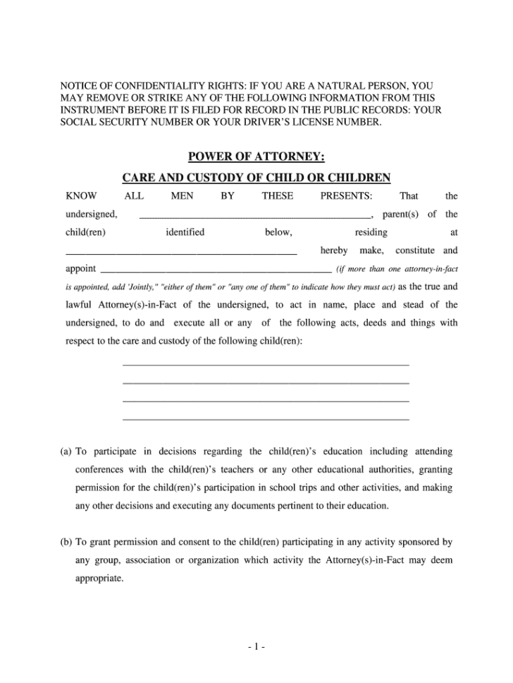 Power Of Attorney Form For Minor Child Texas Fill Out - Power Of