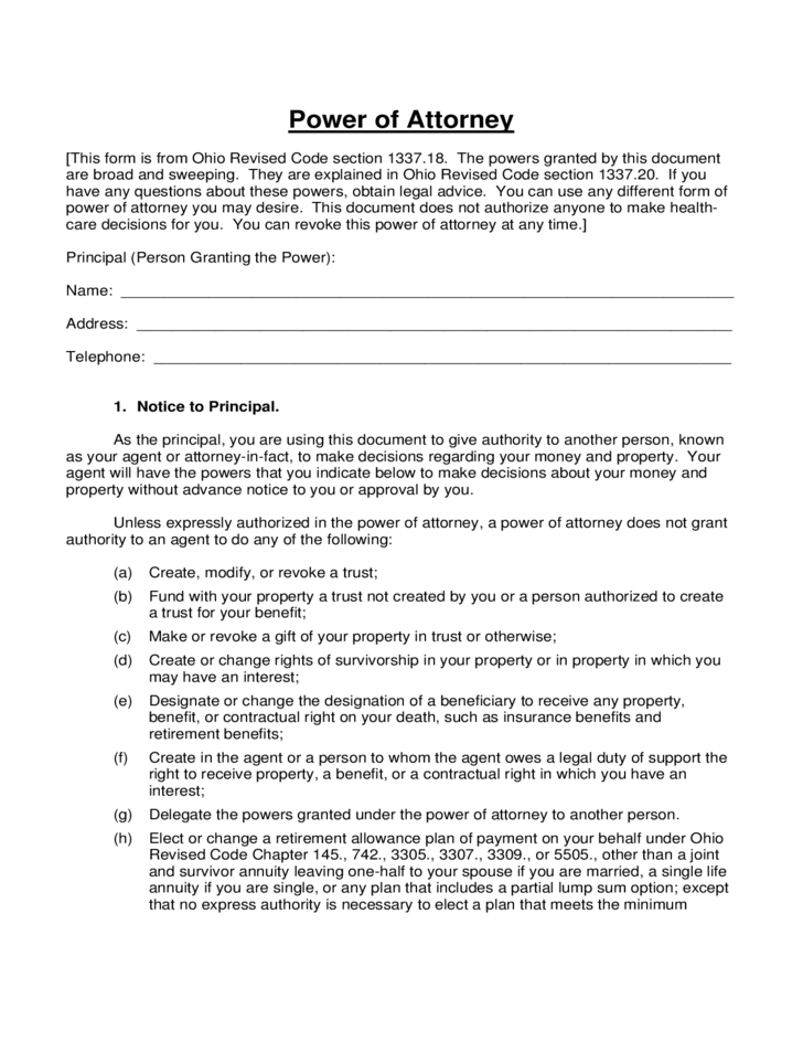 Power Of Attorney Form Ohio Free Download