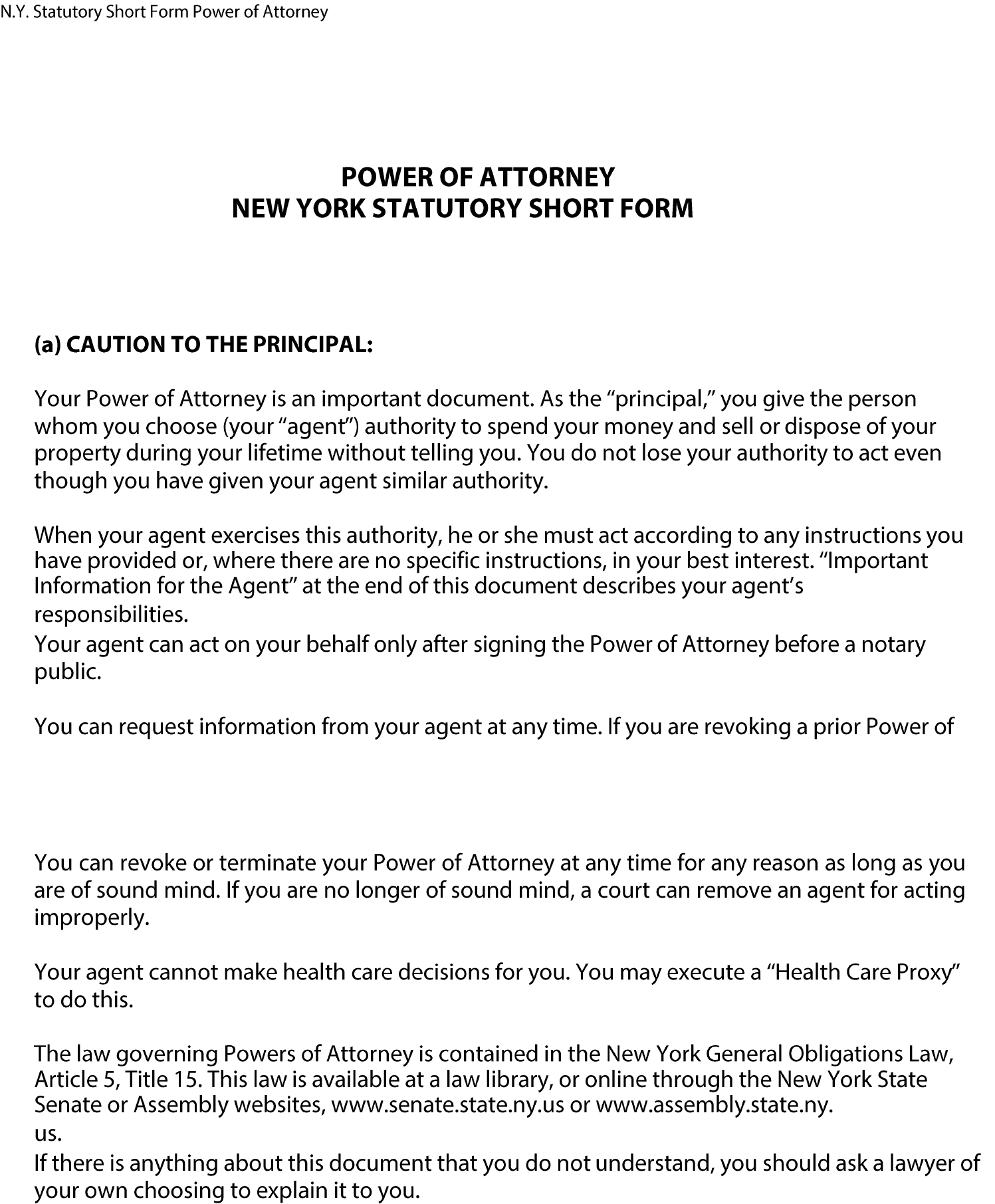 Statutory Power Of Attorney Form New York Free Download