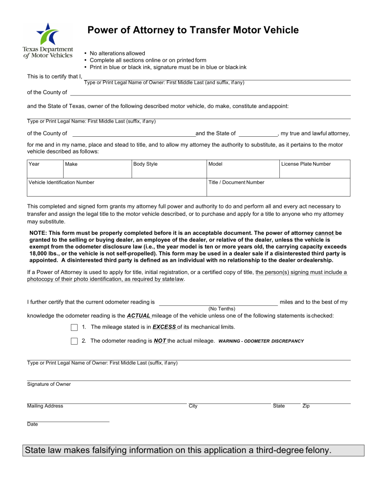 Texas Motor Vehicle Power Of Attorney Form VTR 271 EForms