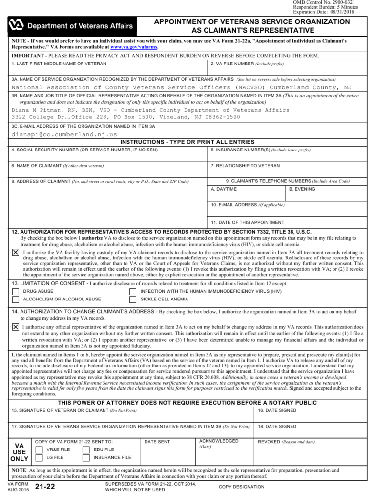 VA Form 21 22 Download Fillable PDF Or Fill Online - Power Of Attorney ...