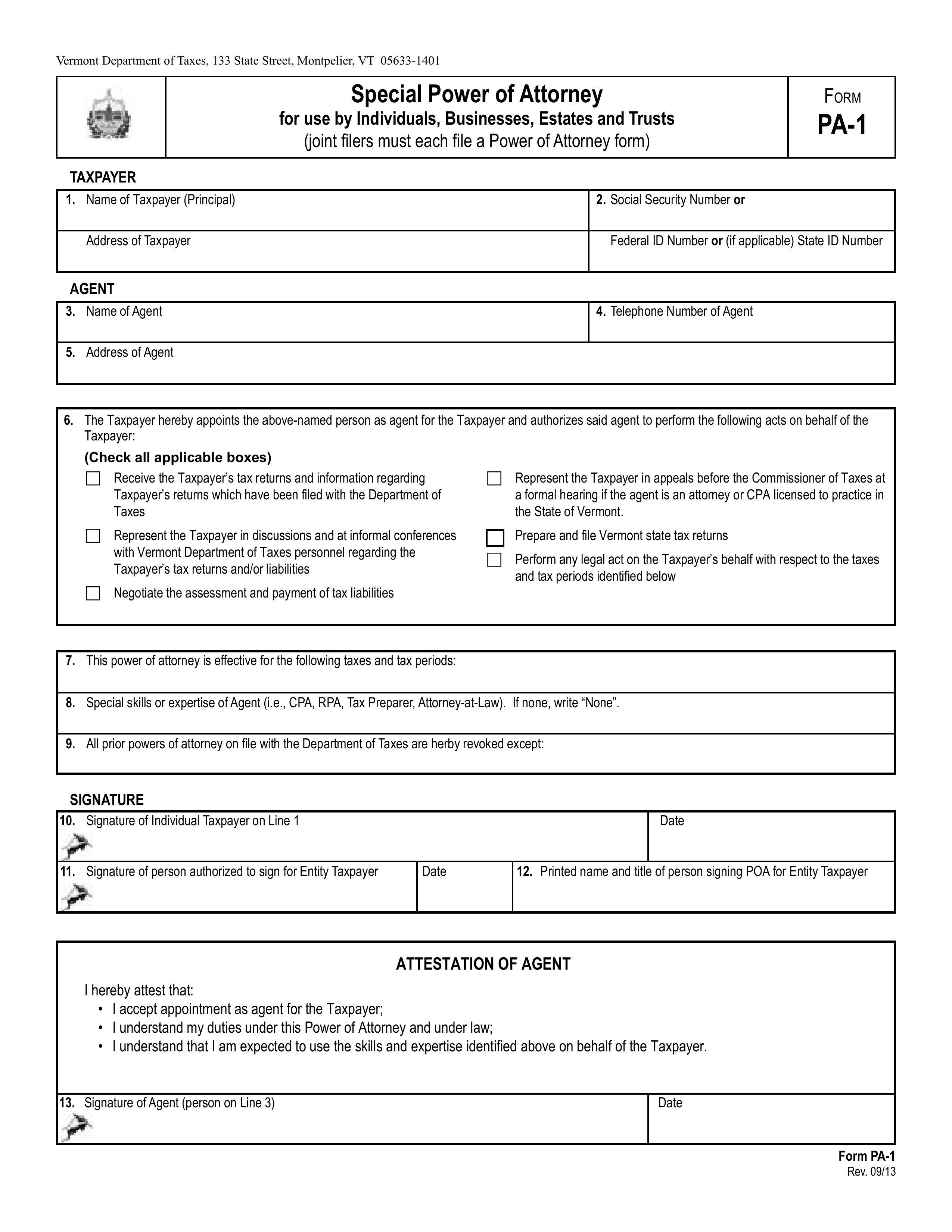Vermont Tax Power Of Attorney Form PA 1 EForms Free 