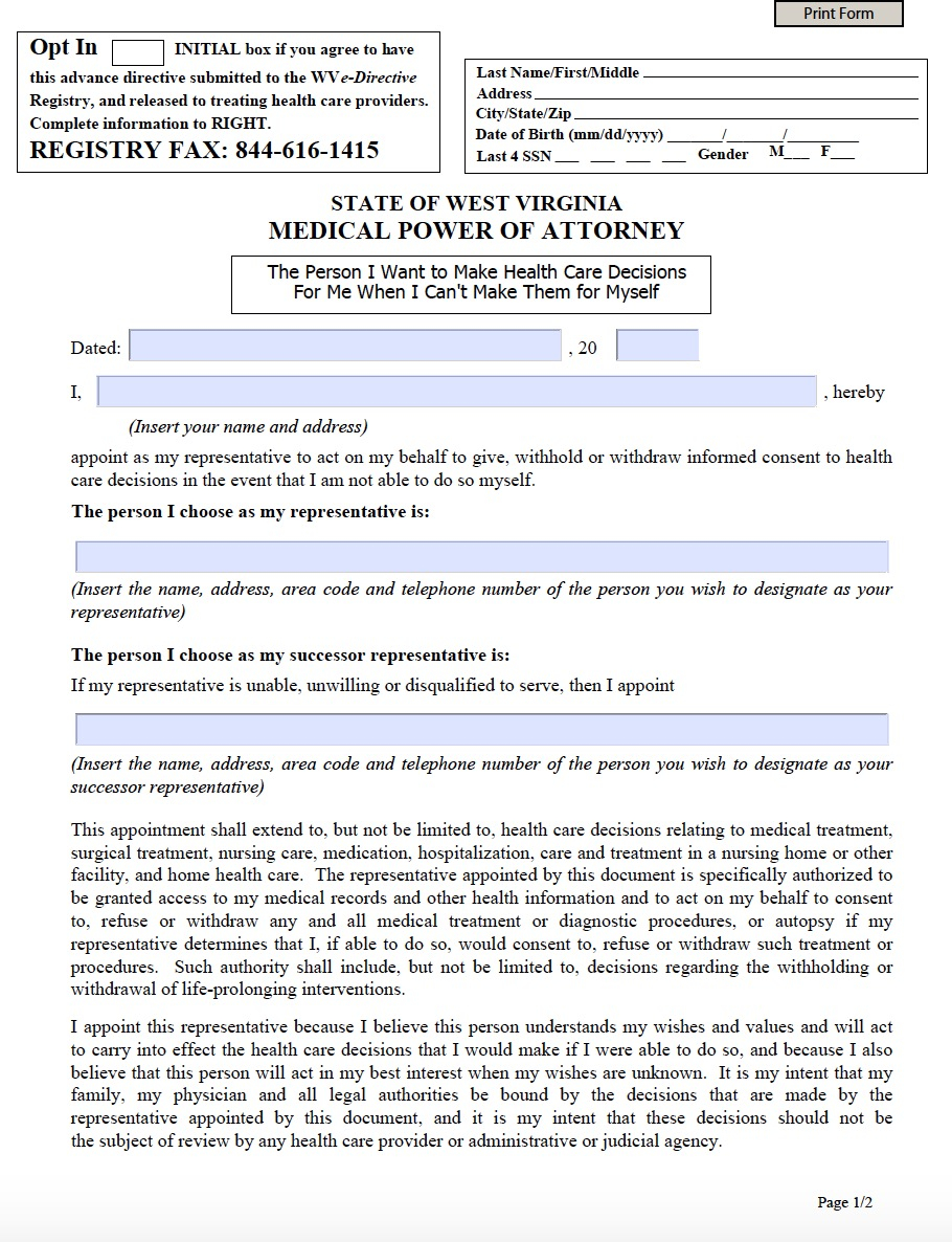 West Virginia Medical Power Of Attorney Form Living Will 